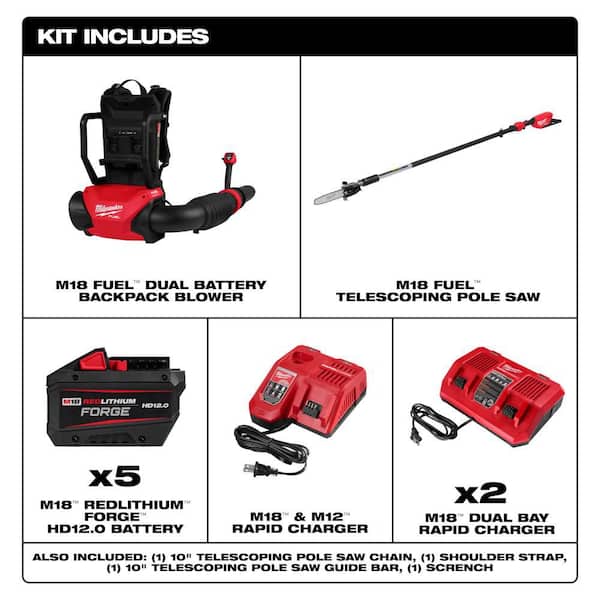M18 FUEL 18V Brushless Cordless Dual Battery Backpack Blower Kit w/ M18 Pole Saw, (5) M18 Batteries, (3) Chargers