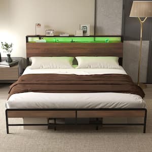 King Size Bed Frame with Headboard, Platform Bed Frame with LED Lights, Charging Station, 3-Tier Storage Shelf, Brown