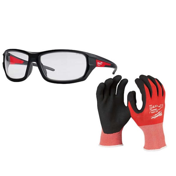 Milwaukee Performance Safety Glasses with Clear Fog-Free Lenses with XX-Large Red Level 1 Cut Resistant Nitrile Gloves