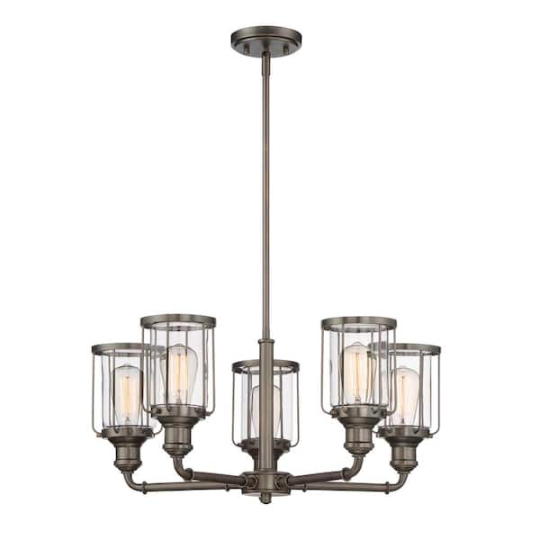 Designers Fountain Anson 5-Light Industrial Satin Copper Bronze Chandelier with Clear Glass Shades For Dining Rooms