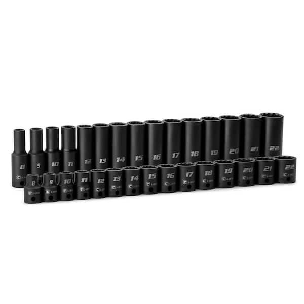 3/8 in. Drive Metric 12-Point Shallow and Deep Impact Socket Set (30-Piece)