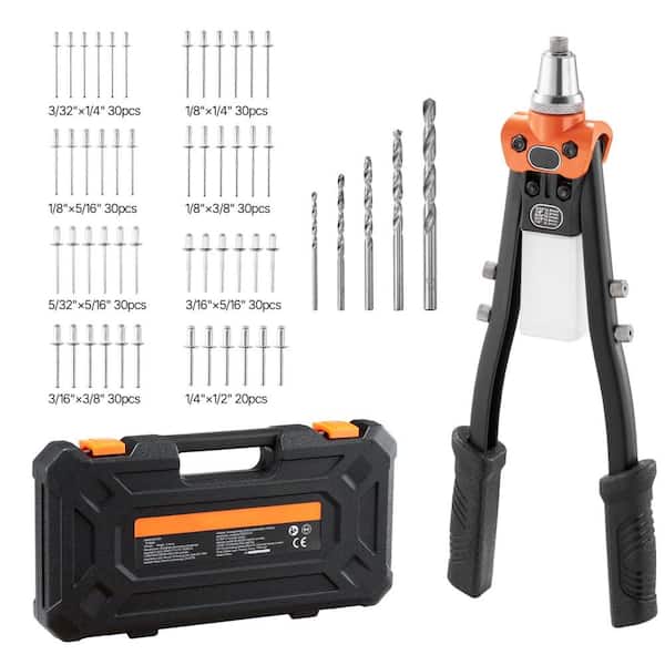 Pop Rivet Gun Kit Two Handed Riveter with 230 Blind Rivets 5 Interchangeable Nosepieces 5 Drill Bits