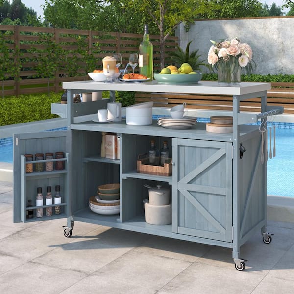 Gray Blue Grill Cart with Stainless Steel Top, Spice Rack, Towel Rack, Storage Cabinet, Rolling for Kitchen & Barbecue