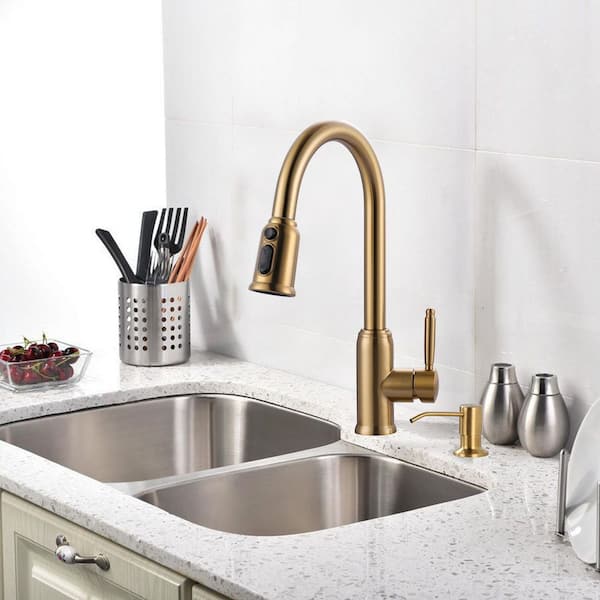 Stainless Steel Single Handle Pull Down Sprayer Kitchen Faucet with Soap Dispenser in Brushed Gold