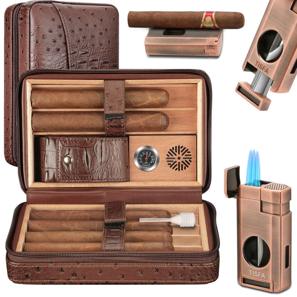 8 in. x 5.2 in. x 2.9 in. 3-in-1 Embossed Brown Cigar Humidor, Portable Lea
