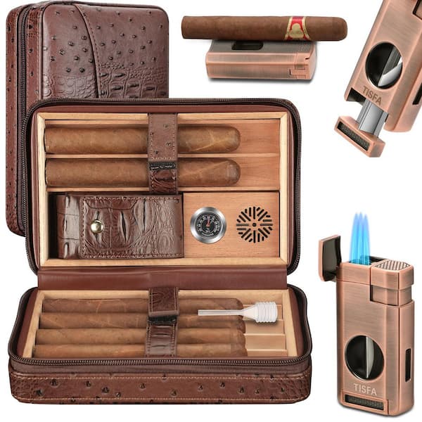 8 in. x 5.2 in. x 2.9 in. 3-in-1 Embossed Brown Cigar Humidor, Portable Leather Cedar Wood Cigar Case