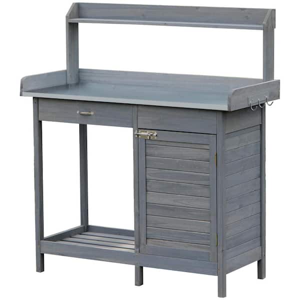 Zeus & Ruta 44 in. W x 49.25 in. H Outdoor Garden Potting Bench Table Work with Steel Tabletop, Storage Cabinet and Open Shelf