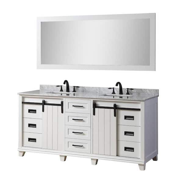 Direct vanity sink Chanceton 71 in. W x 25 in. D x 34 in. H Double Bath-Hybrid Vanity in White with White Carrara Marble Top and Mirror