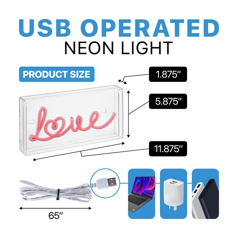 Love Red Acrylic Box USB LED Neon Light, 11.88" x 5.88"