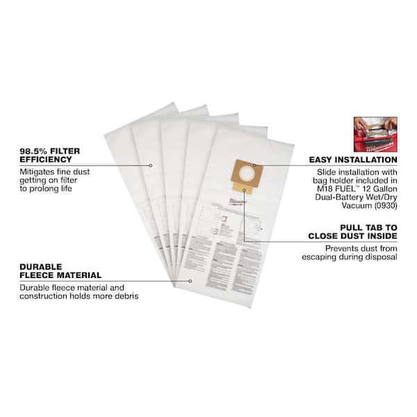 Fleece Dust Bags for 12 Gal. M18 FUEL Cordless Wet/Dry Shop Vacuums (5-Pack)