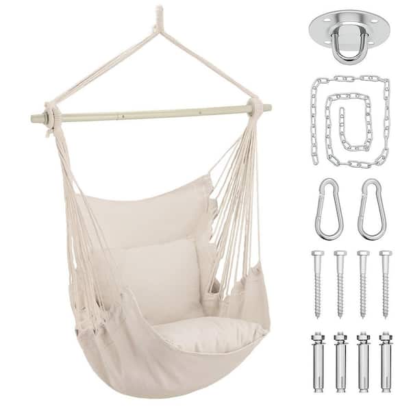 White Cotton Rope Swing Hammock Chair with Fixed Kit and Cushion