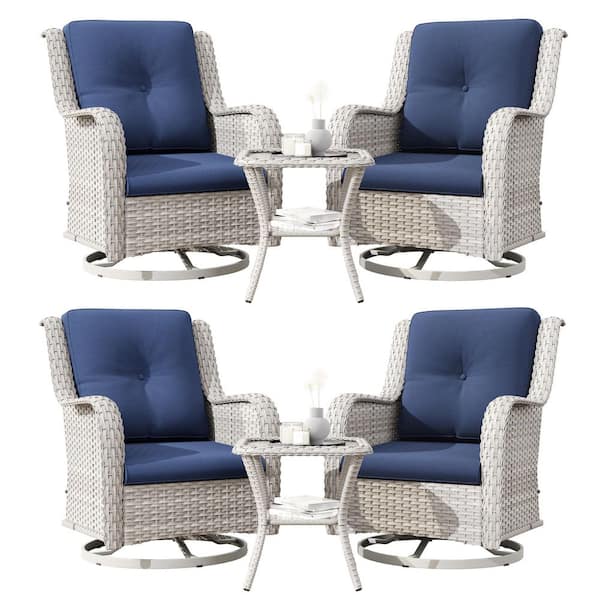 Gray 6-Piece Rattan Wicker Patio Conversation Set with Blue Cushions Garden Lawn