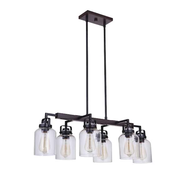 CRAFTMADE Foxwood 6-Light Flat Black/Dark Teak Linear Chandelier for Kitchen Island with No Bulbs Included