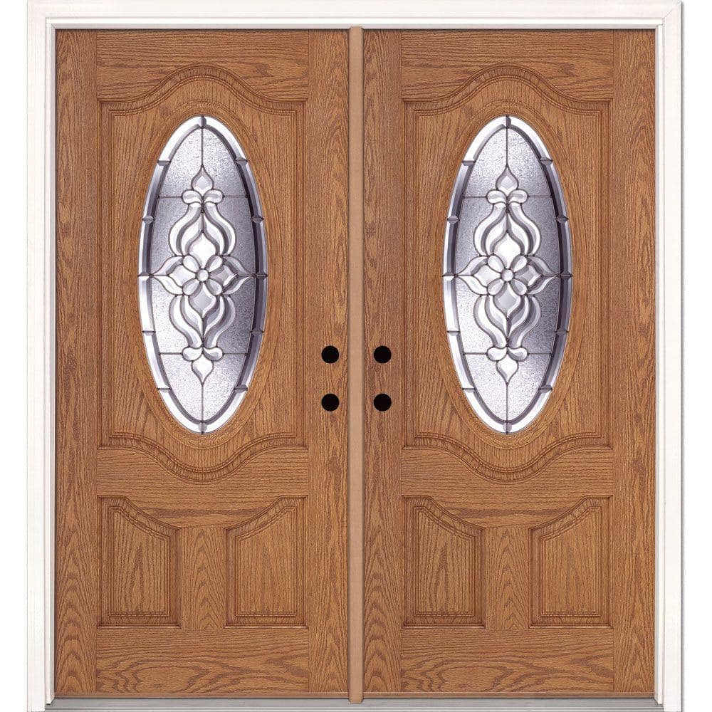 74 in. x 81.625 in. Lakewood Zinc 3/4 Oval Lite Stained Light Oak Left-Hand