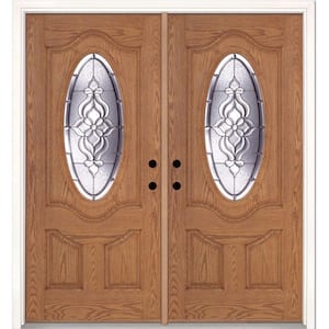 74 in. x 81.625 in. Lakewood Zinc 3/4 Oval Lite Stained Light Oak Left-Hand Inswing Fiberglass Double Prehung Front Door