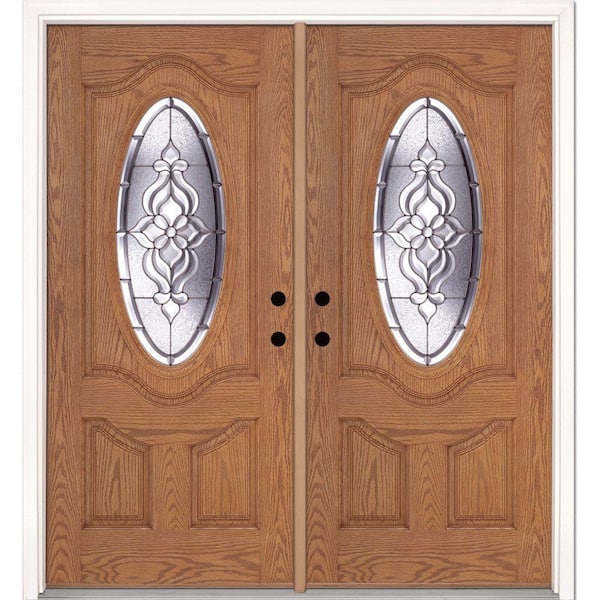 Feather River Doors 74 in. x 81.625 in. Lakewood Zinc 3/4 Oval Lite Stained Light Oak Left-Hand Inswing Fiberglass Double Prehung Front Door