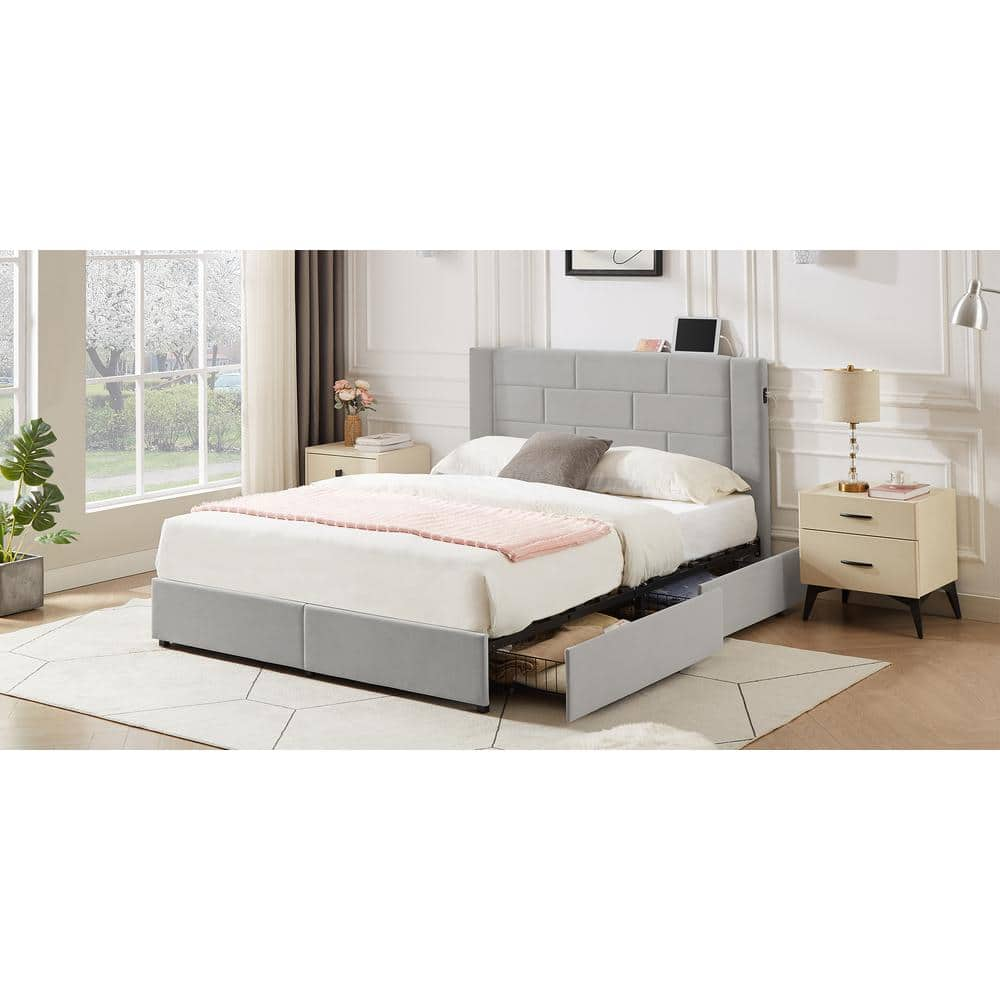 VECELO Upholstered Bed Light Gray Metal Frame Queen Platform Bed With ...