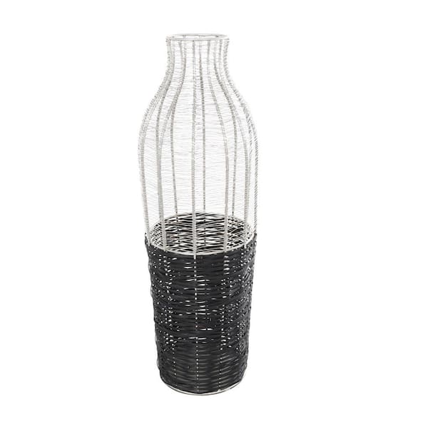 Litton Lane 24 in. Silver Tall Metal Decorative Vase with Woven Black Rattan Base