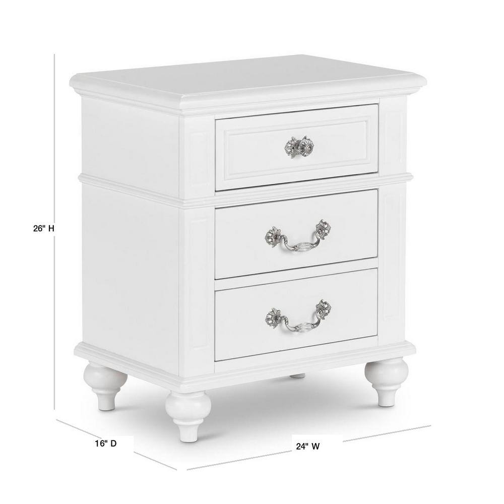 Charming French Country 3-Drawer White Nightstand with Crystal Knobs