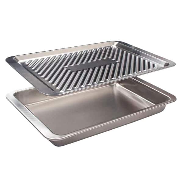 Silver Stainless Steel Grilling Prep and Serve Trays with Stackable Marinating and Serving Features, 2Pcs