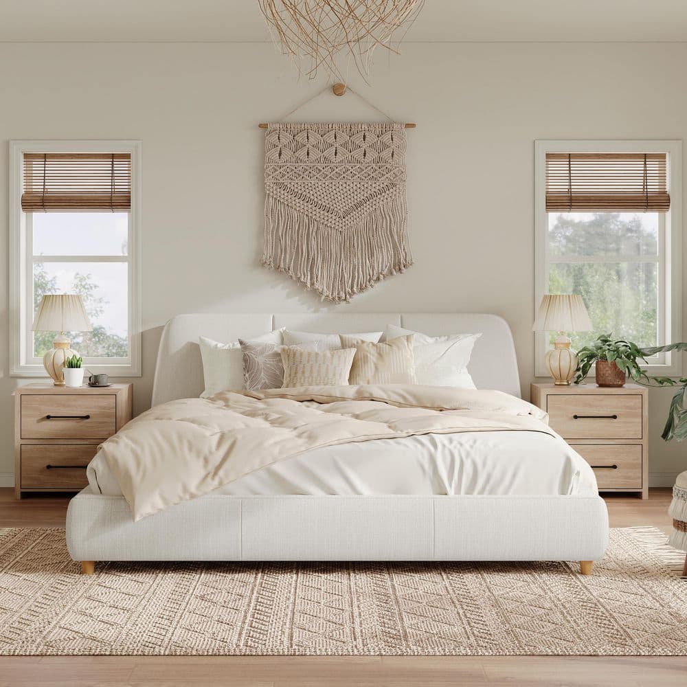 Luxe Modern White Linen Blend Upholstered Wood Frame King Size Platform Bed with Tufted Headboard - thumbnail 7