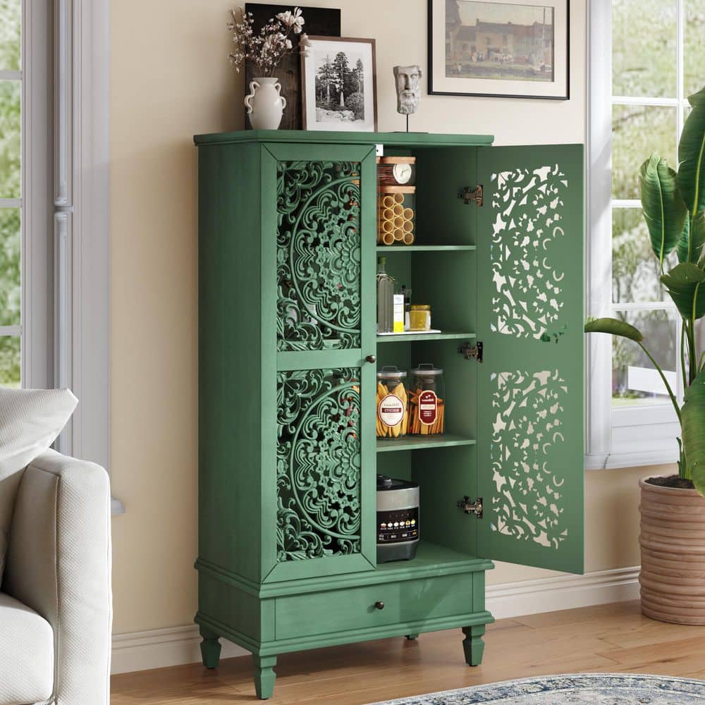 Estra Antique Green Washed Wood 55.51 in. Storage Cabinet with 2 Carved Doors and 3 Shelves