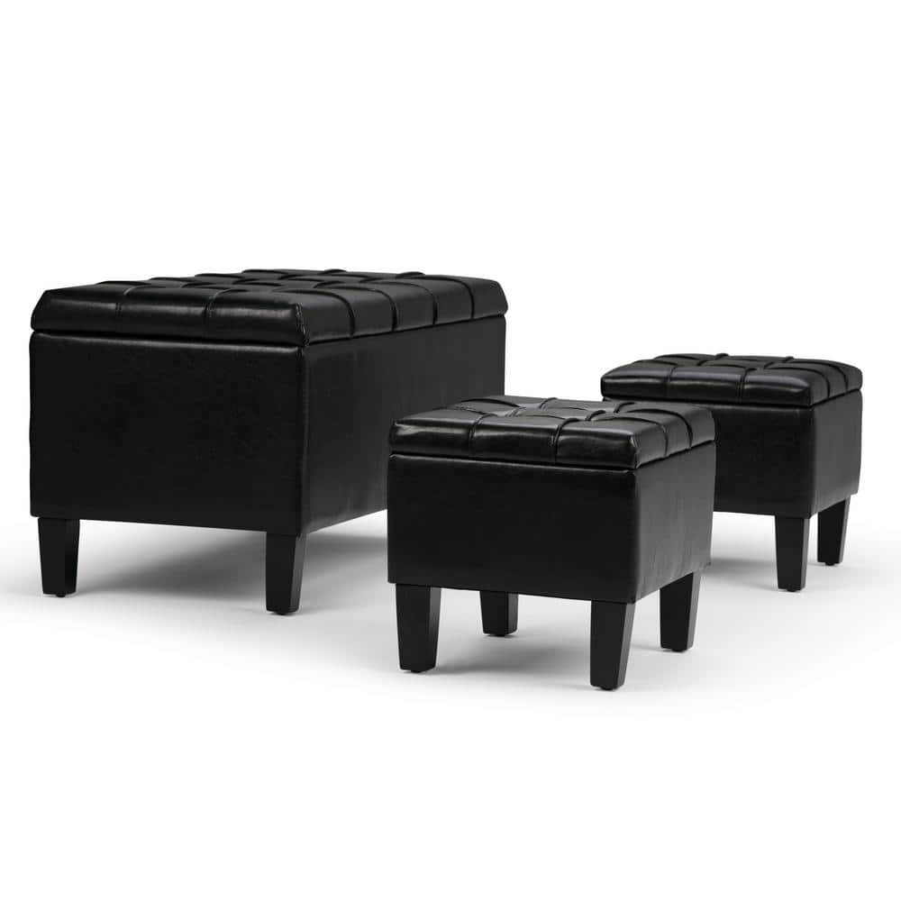 Dover Midnight Black Faux Leather 3-Piece Storage Ottoman Set