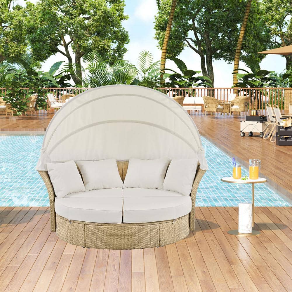 Wicker Outdoor Day Bed, Double Daybed Round Sofa Furniture Set with Retract