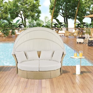 Wicker Outdoor Day Bed, Double Daybed Round Sofa Furniture Set with Retractable Canopy with Cushions, 4-Pillows, Beige