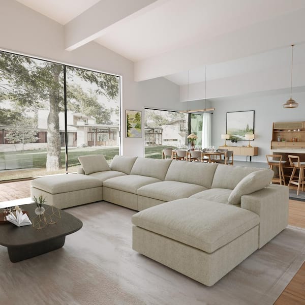 160.6 in. Square Arm Linen Velvet 6-Piece Modular Free Combination Sectional Sofa with Ottoman in Light Khaki