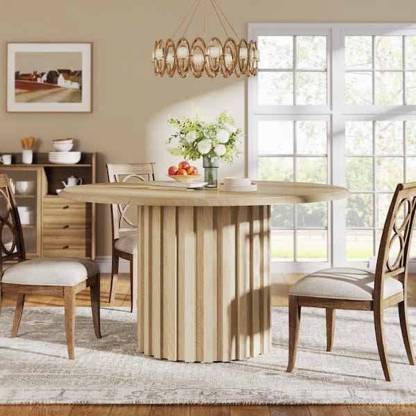 BYBLIGHT Roesler Farmhouse Light Brown Wood 47.2 in. Pedestal Dining Table for 4, Round Kitchen Table with Metal Base
