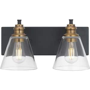 Manor 15.3 in. 2-Light Matte Black Industrial Bathroom Vanity Light with Vintage Brass Accents and Clear Glass Shades