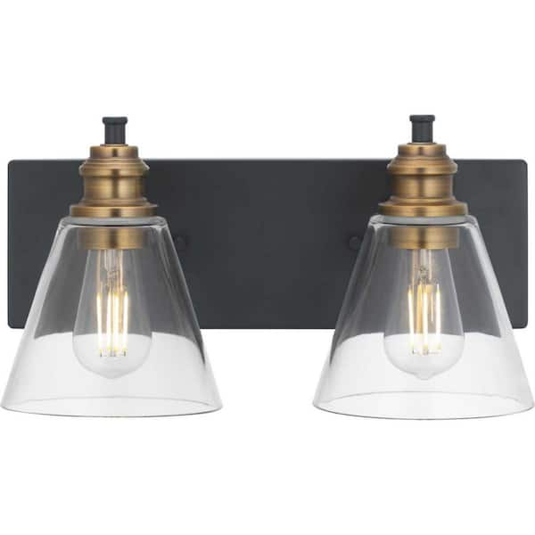 Hampton Bay Manor 15.3 in. 2-Light Matte Black Industrial Bathroom Vanity Light with Vintage Brass Accents and Clear Glass Shades