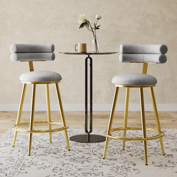 CHRISTOPHER KNIGHT HOME Ethake 27.65 in. Gray Velvet Upholstery and Metal Counter Stools, (Set of 2)