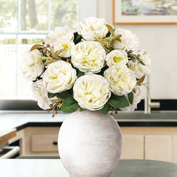 LIVING LUXURY 18 in. Cream White Artificial Cabbage Rose Flower