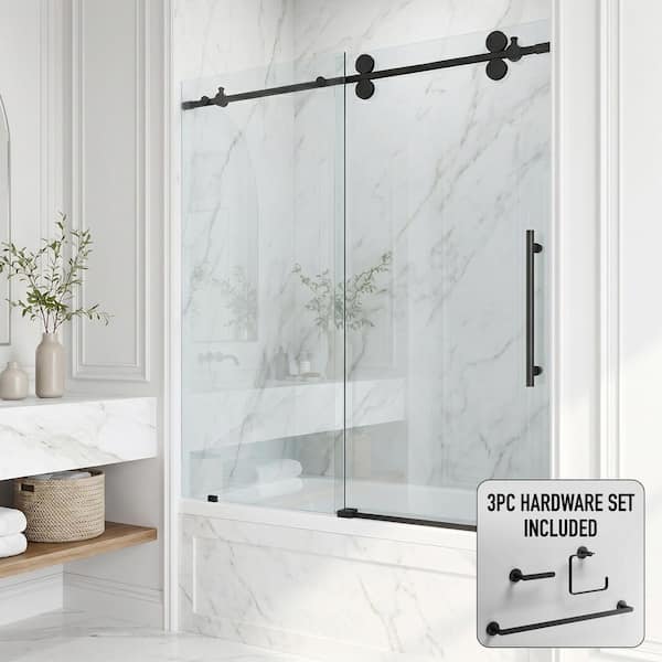 Elan 60 in. x 66 in. Frameless Sliding Tub Door in Matte Black with Clear Glass and Arden 3-Piece Bath Set