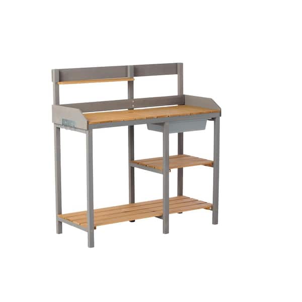 Unbranded 41.2 in. W x 43.3 in. H Outdoor Wooden Potting Bench, Wooden Workstation Table with 3-Tier Shelves for Garden Supplies