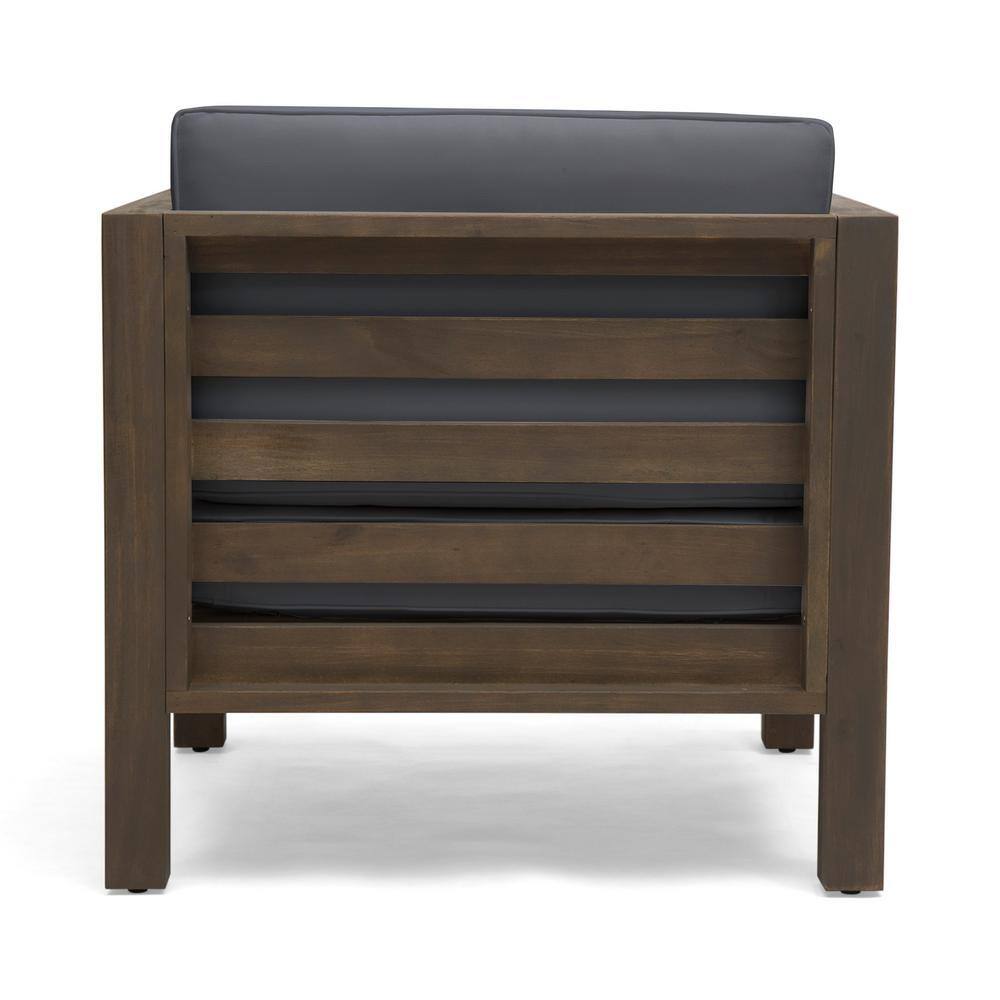 Rear view of an Anky brown wood outdoor lounge chair with gray cushions.