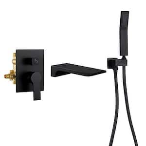 Single-Handle Wall Mount Roman Tub Faucet with Hand Shower and Waterfall in Matte Black