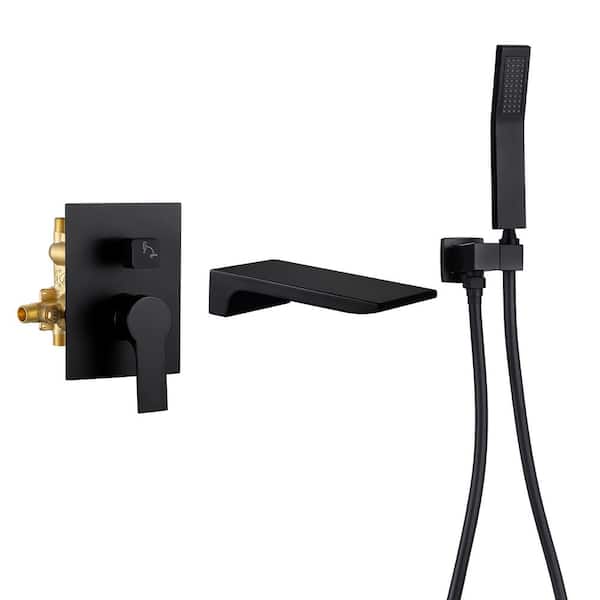 Unbranded Single-Handle Wall Mount Roman Tub Faucet with Hand Shower and Waterfall in Matte Black