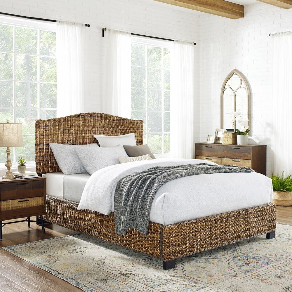 Serena Coastal King Bed with Rattan Upholstered Headboard