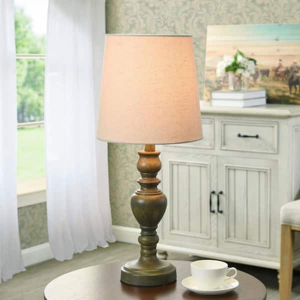 22.5 in. Rustic Walnut Table Lamp Beige Linen Shade