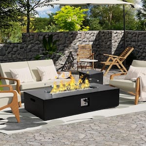 56 in. 50000 BTU Black Terrazzo Rectangular Outdoor Propane Fire Pit Table with Glass Wind Guard and Tank Table