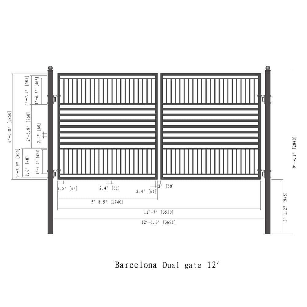 Barcelona Style Black Steel Dual Swing Driveway Gate 12 x 6 Feet