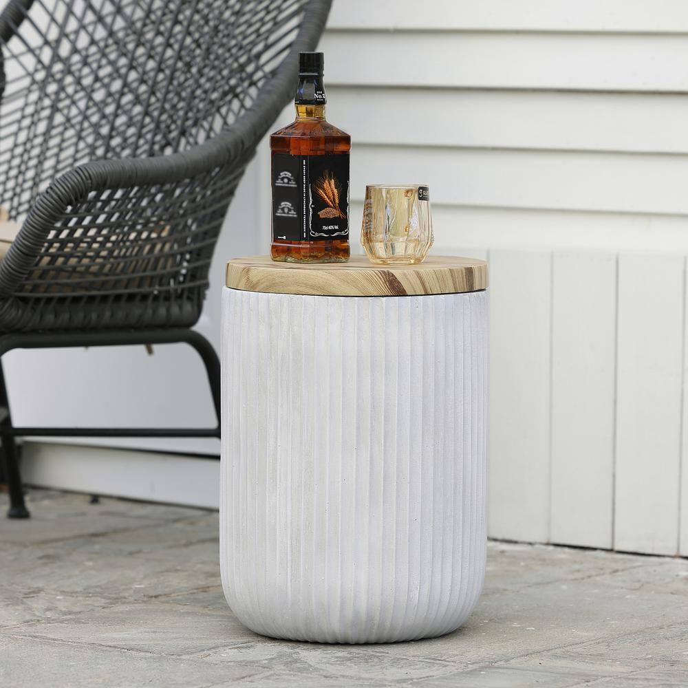 Gray Cement and Faux Wood Round Patio Side Table with Storage