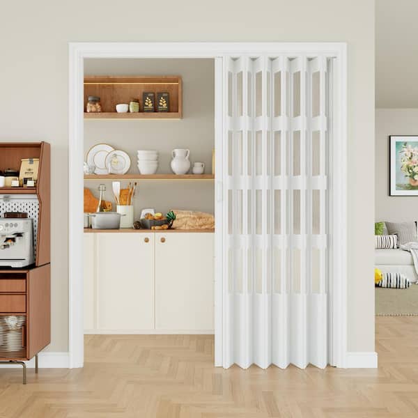 60 in. x 80 in. White 4-Lite Frosted Acrylic Panel With Double Vinyl Material Accordion Door With Hardware Kit