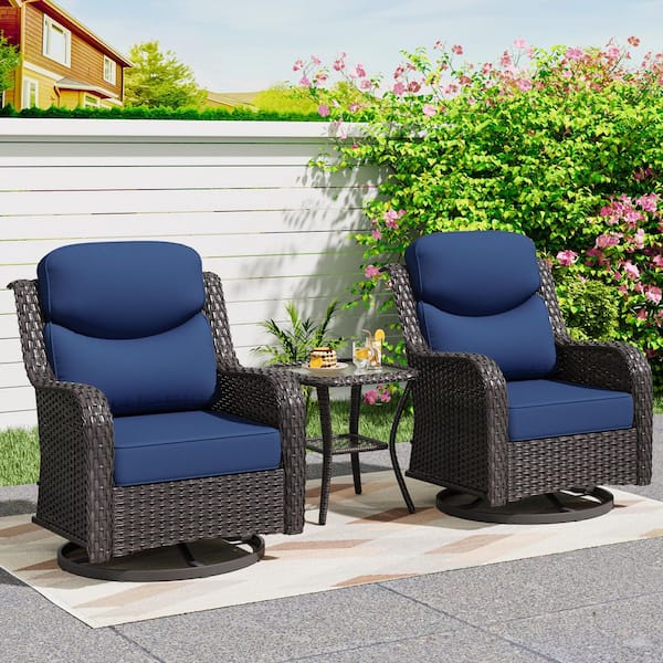 Smiley 3-Piece Brown Wicker Outdoor Swivel Rocking Chairs Patio Conversation Set with Thick Blue Cushions and Side Table