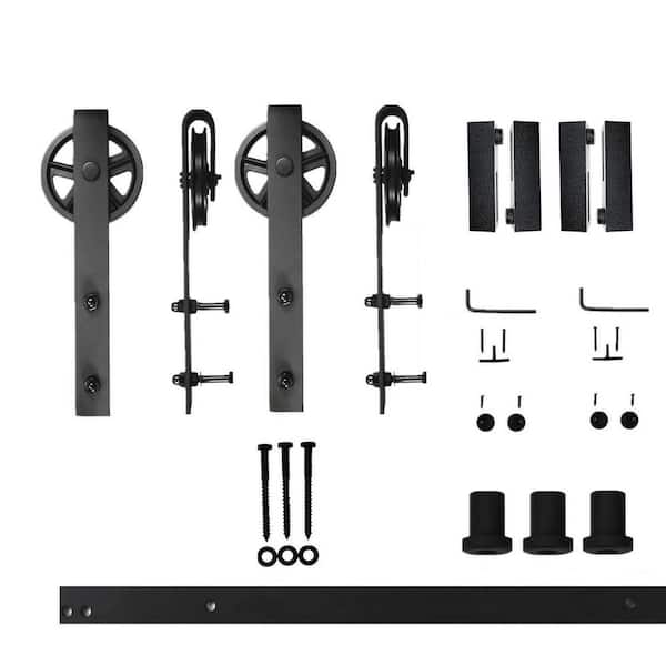 HOMACER 4.5 ft./54 in. Black Rustic Non-Bypass Sliding Barn Door Hardware Kit Spoke Wheel Design Roller for Double Doors