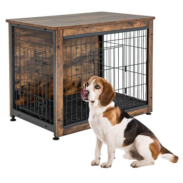 Wooden Dog Crate Furniture with Pad Bed Double Doors Dog Kennel End Table