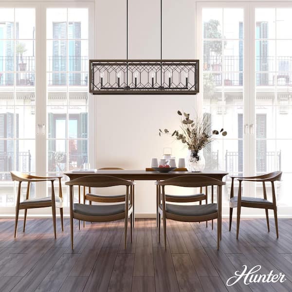 Hunter Chevron 6-Light Rustic Iron Billiard Chandelier with Clear Seeded Glass Shade